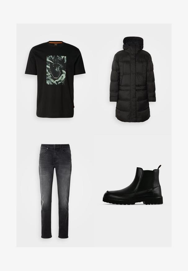 Sort pufferjakke med hætte, der har quiltet struktur og lange ærmer. Designet inkluderer en lynlås foran og to sidelommer.; Sort bomulds t-shirt med et centralt grafik af en panter omgivet af blade, med en kædekrave og "BOSS" tekst. Korte ærmer.; Sorte denimjeans med lige pasform. Har en knap- og lynlås-lukning, fem lommer og en subtil falmning på stoffet.; Sort læderankelstøvle med tekstureret sål, elastiske sidepaneler og træksnor på en lysegrå baggrund.