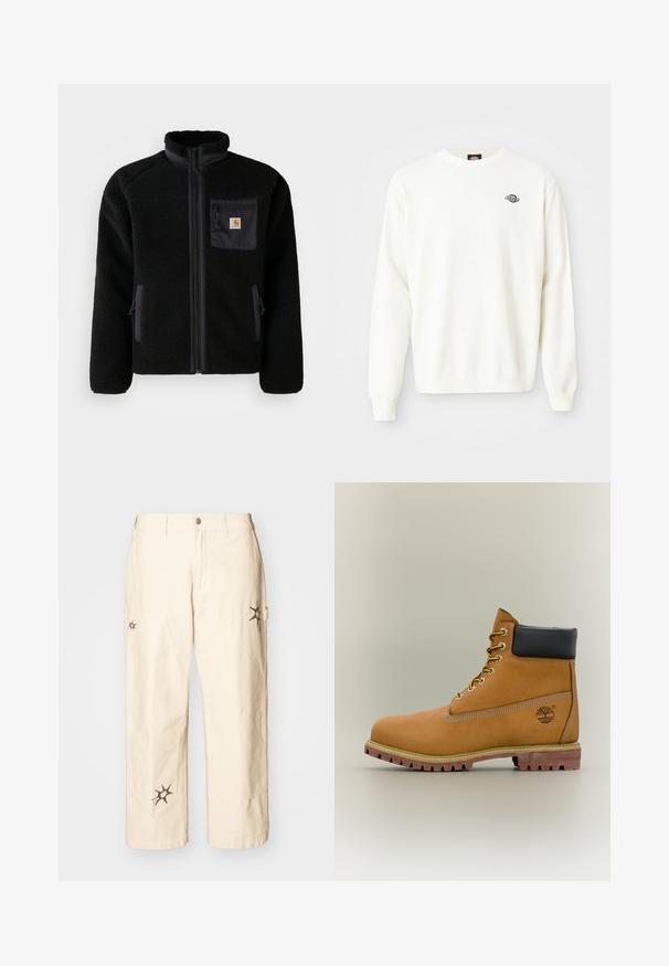 Veste en polaire noire avec fermeture éclair à l'avant, col haut et tissu texturé. Elle dispose d'une poche sur la poitrine et de poches latérales avec fermetures éclair.; Pull en maille blanc à manches longues avec col ras du cou et petit logo noir Dickies sur le haut à gauche de la poitrine.; Obey Clothing BIG TIMER CARPENTER - Pantalon cargo - clay; Bottine en cuir marron avec col noir, lacets jaunes et semelle beige. Présente un logo et des détails de couture blanche. Semelle extérieure à traction robuste.