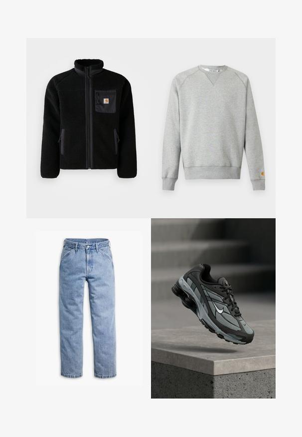 Sort fleecejakke med lynlås foran, høj krave og struktureret stof. Har en brystlomme og sidelommer med lynlåse.; Lysegrå crewneck sweatshir t med lange ærmer, ribbede manchetter og kant, samt lille logo patch på venstre ærmekant.; Lyseblå straight-leg denimjeans med forreste knap- og lynlås, bæltestropper og skrå forlommer.; Grå og sort atletiksko med meshpaneler og tyk sål, placeret i luften over en betonliste med trapper i baggrunden.
