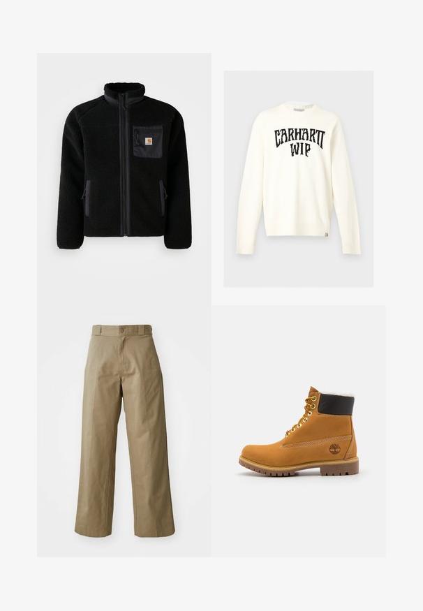 Schwarze Fleecejacke mit Reißverschluss vorne, hohem Kragen und strukturiertem Material. Verfügt über eine Brusttasche und seitliche Taschen mit Reißverschluss.; Off-white Langarm-Pullover mit Rundhalsausschnitt, schwarzem "CARHARTT WIP" Schriftzug über der Brust und kleinem Markenetikett am unteren Saum.; Khakifarbene weit geschnittene Hosen aus Baumwollmischgewebe, mit einem einzelnen Knopfverschluss und sichtbaren Seitentaschen. Glatte Textur, Faltendetails.; Braune Leder-Ankle-Boots mit Metallösen, weißem Kunstfellfutter, schwarzem gepolstertem Kragen, robustem Sohlenprofil und geprägtem Logo an der Seite.