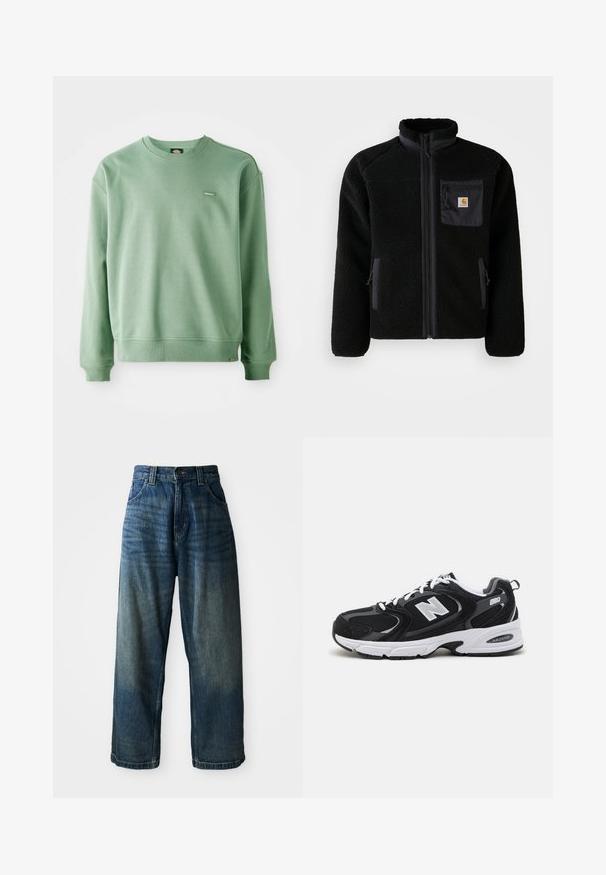 Mustmustest takki, millel on lukuga esiosa, kõrge kaelus ja tekstureeritud kangas. Omab rinna taskut ja küljetaskuid lukuga sulgemisega.; Roheline crewneck-sviiter, mis on valmistatud pehmest kangast, ribikottide ja alläärega ning väikese logotagiga ees. Sile tekstuur.; Laiad sinised denim teksad, millel on kulunud viimistlus. Omab viit taskut, nupuvajutust ja kontrastseid õmblusi. Tugev kangas.; Must värvi ja hallid spordijalatsid, mille ülemine osa on valmistatud võrgust ja nahast, valge vaheosaga, paeltega ja küljel julge "N" logo.