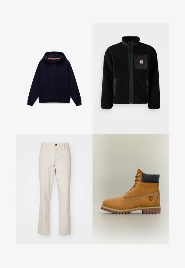 Veste en polaire noire avec fermeture éclair à l'avant, col haut et tissu texturé. Elle dispose d'une poche sur la poitrine et de poches latérales avec fermetures éclair.; Sweat à capuche bleu marine avec cordons de serrage, poignets et ourlet côtelés, et un petit logo sur le côté gauche de la poitrine.; Pantalons en coton beige avec une coupe droite, comportant deux poches avant, une fermeture à boutons unique et des accents de couture visibles.; Bottine en cuir marron avec col noir, lacets jaunes et semelle beige. Présente un logo et des détails de couture blanche. Semelle extérieure à traction robuste.