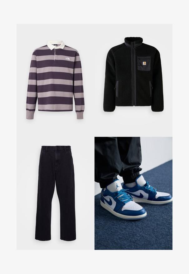 Veste en polaire noire avec fermeture éclair à l'avant, col haut et tissu texturé. Elle dispose d'une poche sur la poitrine et de poches latérales avec fermetures éclair.; Maillot de rugby à manches longues avec larges rayures horizontales violet foncé et gris, col blanc et logo The North Face sur la poitrine.; Pantalons en denim noir avec une coupe droite, dotés d'une fermeture à bouton et à zip, de passants de ceinture et de coutures minimales.; Les baskets Nike Air Jordan présentent une base en cuir blanc avec des accents en synthétique bleu, une boîte à orteils perforée et des lacets bleus.