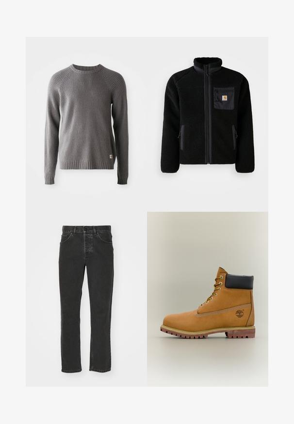 Schwarze Fleecejacke mit Reißverschluss vorne, hohem Kragen und strukturiertem Material. Verfügt über eine Brusttasche und seitliche Taschen mit Reißverschluss.; Grauer, gerippter Strickpullover mit langen Ärmeln und Rundhalsausschnitt. Mit einer strukturierten Oberfläche und einem kleinen Logopatch am Saum.; Schwarze Jeans aus Denim mit geradem Bein, klassischem Fünf-Taschen-Design, Knopfverschluss und verblasster Optik. Angenehme Textur, keine sichtbaren Muster.; Brauner Leder-Stiefelette mit schwarzem Kragen, gelben Schnürsenkeln und hellbrauner Sohle. Verfügt über ein Logo und weiße Ziernähe. Robuste Profilsohle.