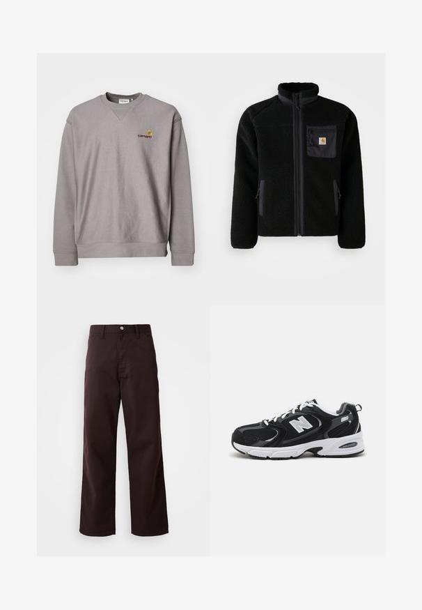 Veste en polaire noire avec fermeture éclair à l'avant, col haut et tissu texturé. Elle dispose d'une poche sur la poitrine et de poches latérales avec fermetures éclair.; Sweatshirt gris avec un col rond, des poignets côtelés et un logo discret brodé en jaune et bordeaux. Fabriqué en tissu doux et texturé.; Pantalons large en coton marron foncé, confectionnés dans un tissu résistant, avec une fermeture à boutons à l'avant et deux poches latérales. Texture lisse, design classique.; Baskets de sport noires et grises avec un tige en mesh et en suède, présentant une semelle intermédiaire blanche, des lacets et un logo "N" audacieux sur le côté.