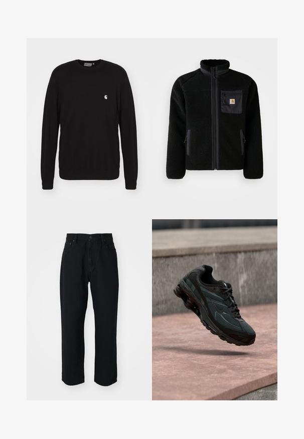 Sort fleecejakke med lynlås foran, høj krave og struktureret stof. Har en brystlomme og sidelommer med lynlåse.; Carhartt WIP MADISON SWEATER - Sweatshirt - black; Sorte denim jeans med lige snit, letvægts stof, fem-lomme design og en knaplukning i taljen.; Sort atletisk sneaker med synligt luftdæmpende mellemsål, der svæver over en pink stenoverflade med en grå stenvæg i baggrunden.