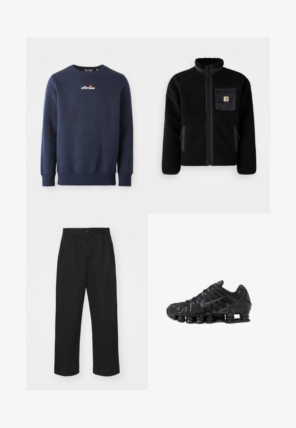 Zwarte fleecejack met een ritssluiting aan de voorkant, hoge kraag en textielstructuur. Voorzien van een borstzak en zijzakken met ritssluitingen.; Navyblauwe sweatshirt gemaakt van een zachte stof, met een ronde hals en geribbelde manchetten. Geborduurd "ellesse" logo met gekleurde accenten.; Zwarte katoenen broeken met een rechte pasvorm, voorzien van een knoopsluiting, twee voorkruiden en een soepele textuur.; Zwarte sportschoenen gemaakt van mesh en synthetische materialen, met een opvallend golvend ontwerp, zwarte rubberen zool en reflecterende accenten.