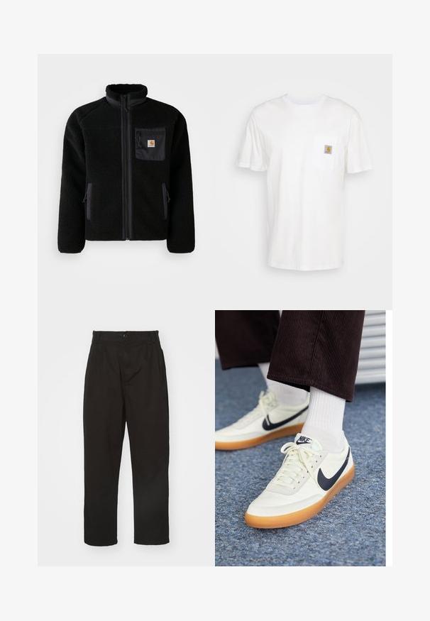Sort fleecejakke med lynlås foran, høj krave og struktureret stof. Har en brystlomme og sidelommer med lynlåse.; Hvid bomulds T-shirt med korte ærmer, en brystlomme, og et lille firkantet logo patch i orange og hvid på lommen.; Sorte bukser lavet af glat stof, med knaplukning, lige pasform og to frontfolder for ekstra detalje.; Nike sneakers i hvid læder med en marineblå swoosh, med en gummisål og hvide snørebånd, parret med hvide ankelstrømper og mørke fløjlspants.