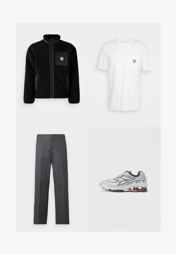 Veste en polaire noire avec fermeture éclair à l'avant, col haut et tissu texturé. Elle dispose d'une poche sur la poitrine et de poches latérales avec fermetures éclair.; T-shirt en coton blanc à manches courtes, avec une poche poitrine et un petit patch logo carré en orange et blanc sur la poche.; Pantalon gris foncé à jambes droites avec un devant plat et sans poches visibles, présenté sur un fond blanc uni.; Chaussure de course gris clair avec accents noirs, logo orange, tige en mesh, col rembourré et semelle en caoutchouc avec unités d'absorption des chocs visibles.