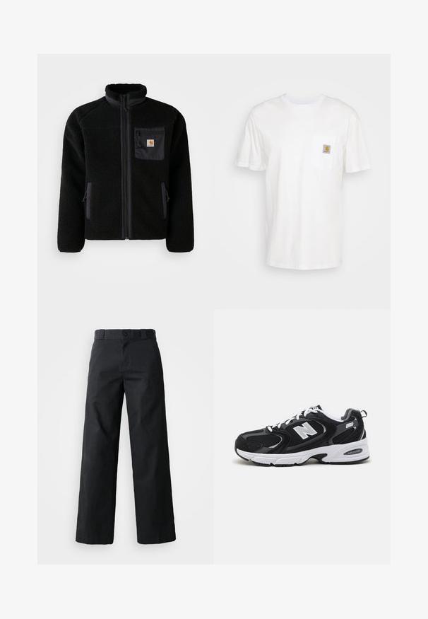 Veste en polaire noire avec fermeture éclair à l'avant, col haut et tissu texturé. Elle dispose d'une poche sur la poitrine et de poches latérales avec fermetures éclair.; T-shirt en coton blanc à manches courtes, avec une poche poitrine et un petit patch logo carré en orange et blanc sur la poche.; Pantalon noir à jambes larges en coton. Doté d'une fermeture à bouton, de passants de ceinture et de poches latérales. Texture lisse avec une coupe ajustée.; Baskets de sport noires et grises avec un tige en mesh et en suède, présentant une semelle intermédiaire blanche, des lacets et un logo "N" audacieux sur le côté.