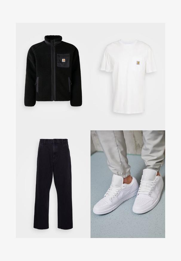 Schwarze Fleecejacke mit Reißverschluss vorne, hohem Kragen und strukturiertem Material. Verfügt über eine Brusttasche und seitliche Taschen mit Reißverschluss.; Weißes Baumwoll-T-Shirt mit kurzen Ärmeln, einer Brusttasche und einem kleinen quadratischen Logopatch in Orange und Weiß auf der Tasche.; Schwarze Jeanshose mit geradem Bein, ausgestattet mit einem Knopf- und Reißverschluss, Gürtelschlaufen und minimalen Nähdetails.; Weiße Ledersneaker mit perforierter Zehenbox, flachen Schnürsenkeln, gepolstertem Kragen und dem Jordan-Logo auf der Zunge. Getragen mit grauen Jogginghosen.