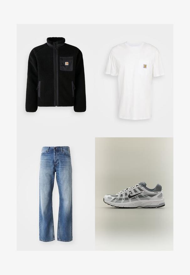 Veste en polaire noire avec fermeture éclair à l'avant, col haut et tissu texturé. Elle dispose d'une poche sur la poitrine et de poches latérales avec fermetures éclair.; T-shirt en coton blanc à manches courtes, avec une poche poitrine et un petit patch logo carré en orange et blanc sur la poche.; Jean en denim bleu à jambes droites avec un léger délavage sur les cuisses et les genoux, comprenant cinq poches et une fermeture à bouton.; Baskets Nike P-6000 blanches et grises avec swoosh noir, panneaux en maille et semelle texturée, montrées en profil latéral sur fond neutre.