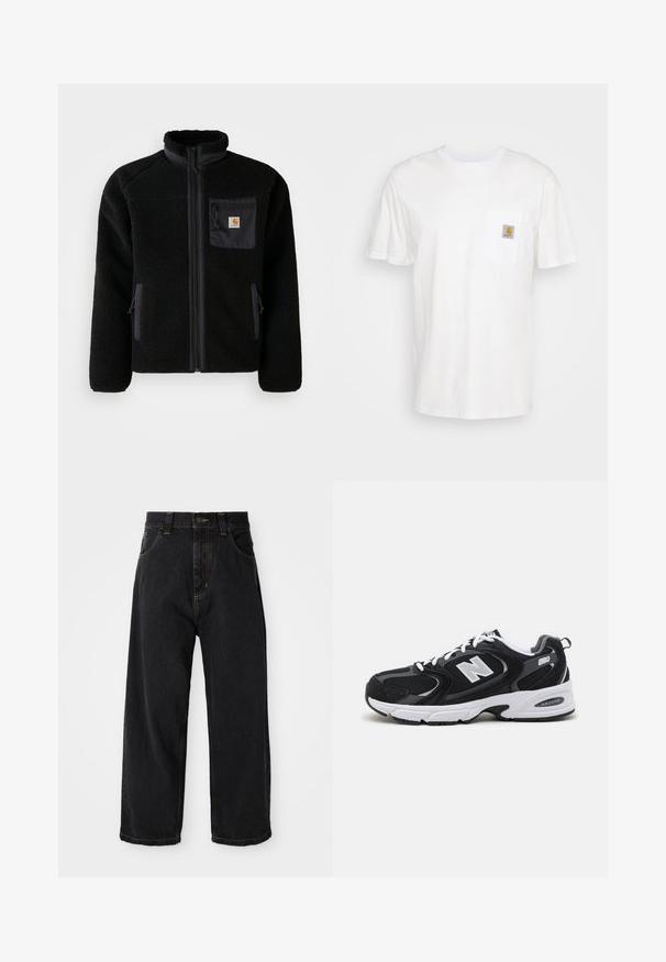 Sort fleecejakke med lynlås foran, høj krave og struktureret stof. Har en brystlomme og sidelommer med lynlåse.; Hvid bomulds T-shirt med korte ærmer, en brystlomme, og et lille firkantet logo patch i orange og hvid på lommen.; Sorte denim jeans med vide ben og høj talje, frontknap, lynlås samt gule syninger på lommer og sømme.; Sorte og grå sportssko med mesh og ruskind på overdelen, der har en hvid mellemsål, snørebånd og et iøjnefaldende "N" logo på siden.