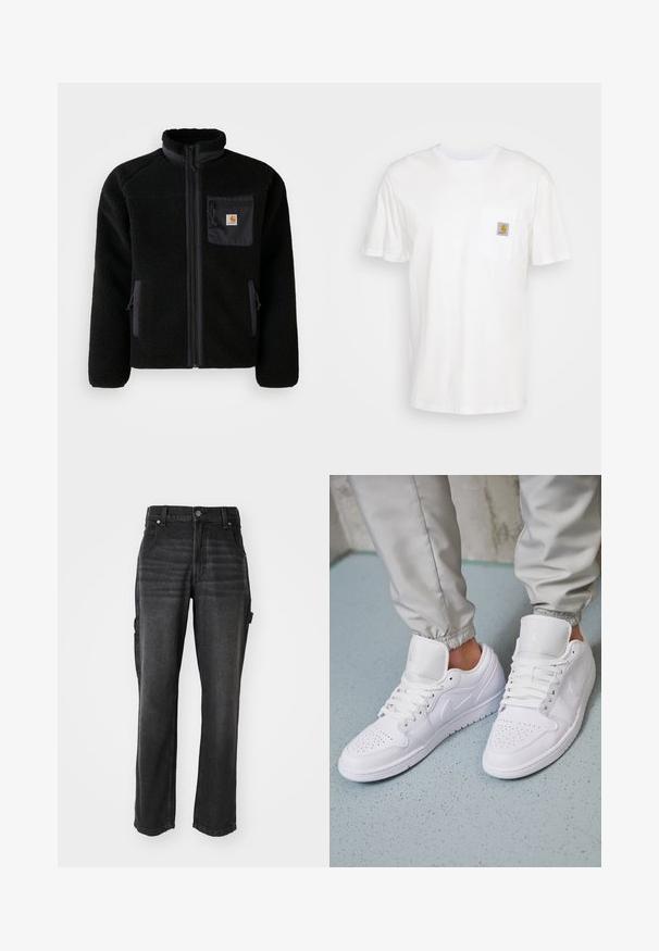 Schwarze Fleecejacke mit Reißverschluss vorne, hohem Kragen und strukturiertem Material. Verfügt über eine Brusttasche und seitliche Taschen mit Reißverschluss.; Weißes Baumwoll-T-Shirt mit kurzen Ärmeln, einer Brusttasche und einem kleinen quadratischen Logopatch in Orange und Weiß auf der Tasche.; Schwarze Denim-Cargo-Hosen mit geraden Beinen, die mit Seitentaschen, einem metallischen Knopfverschluss und tonalem Nähen ausgestattet sind. Strukturiert Stoff.; Weiße Ledersneaker mit perforierter Zehenbox, flachen Schnürsenkeln, gepolstertem Kragen und dem Jordan-Logo auf der Zunge. Getragen mit grauen Jogginghosen.