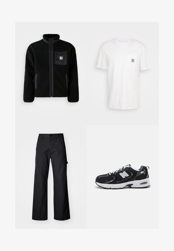 Veste en polaire noire avec fermeture éclair à l'avant, col haut et tissu texturé. Elle dispose d'une poche sur la poitrine et de poches latérales avec fermetures éclair.; T-shirt en coton blanc à manches courtes, avec une poche poitrine et un petit patch logo carré en orange et blanc sur la poche.; Pantalons larges noirs en tissu durable. Fermeture à bouton et poches latérales. Texture lisse avec un design épuré.; Baskets de sport noires et grises avec un tige en mesh et en suède, présentant une semelle intermédiaire blanche, des lacets et un logo "N" audacieux sur le côté.