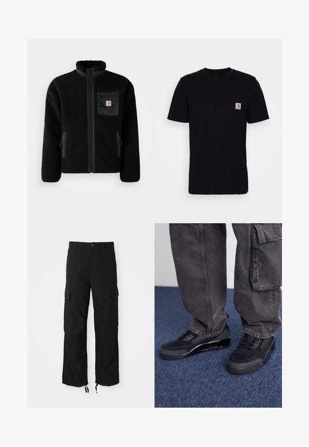 Veste en polaire noire avec fermeture éclair à l'avant, col haut et tissu texturé. Elle dispose d'une poche sur la poitrine et de poches latérales avec fermetures éclair.; T-shirt en coton noir à manches courtes, col rond et poche poitrine avec un petit patch logo carré. Design simple et uni.; Pantalons cargo noirs en tissu durable, comportant deux poches latérales, une fermeture à bouton et des ourlets ajustables pour un look décontracté et ample.; Des chaussures de sport noires avec une surface texturée, des accents lisses et une semelle épaisse, accompagnées de pantalons cargo larges et foncés.