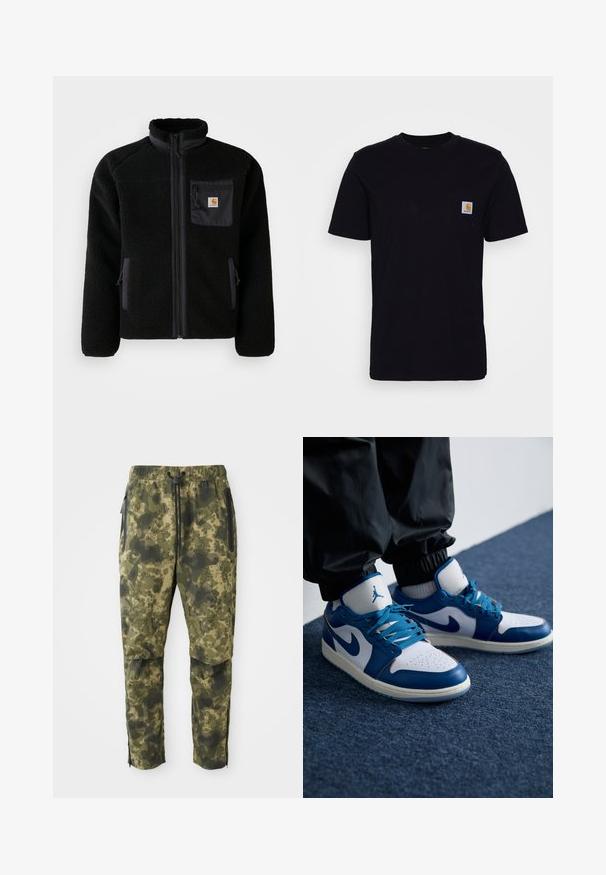 Schwarze Fleecejacke mit Reißverschluss vorne, hohem Kragen und strukturiertem Material. Verfügt über eine Brusttasche und seitliche Taschen mit Reißverschluss.; Schwarzes Baumwoll-T-Shirt mit kurzen Ärmeln, rundem Hals und einer Brusttasche, die mit einem kleinen, quadratischen Logo-Patch versehen ist. Einfaches, einfarbiges Design.; Tarnhosen in verschiedenen Grüntönen mit einem digitalen Muster. Sie verfügen über einen elastischen Bund, einen Kordelzug und seitliche, mit Reißverschluss ausgestattete Taschen.; Die Nike Air Jordan Sneakers verfügen über eine weiße Lederbasis mit blauen synthetischen Akzenten, einer perforierten Zehenbox und blauen Schnürsenkeln.