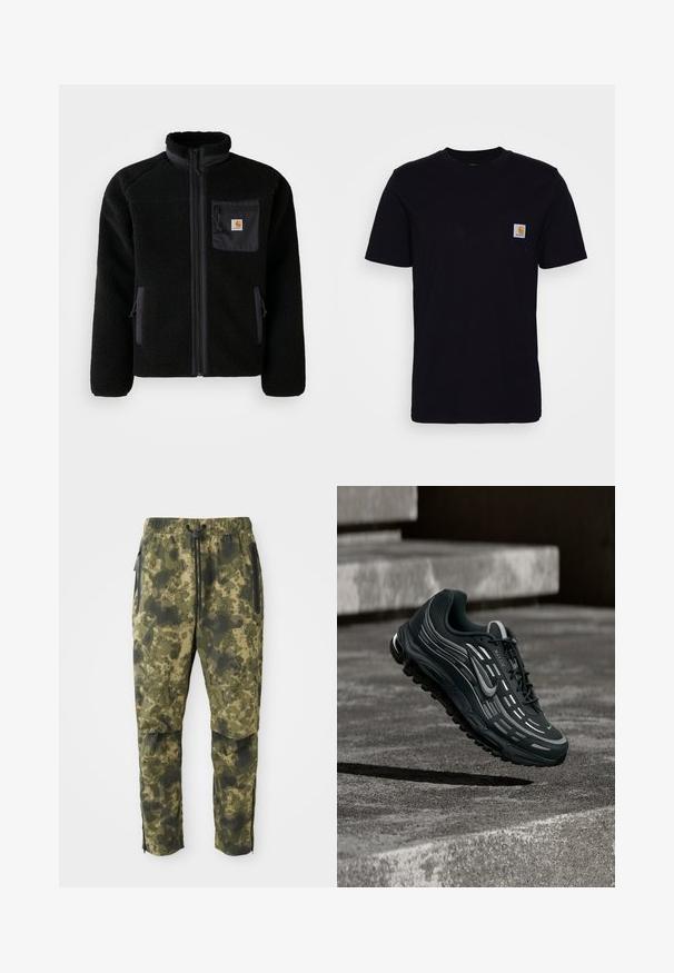 Schwarze Fleecejacke mit Reißverschluss vorne, hohem Kragen und strukturiertem Material. Verfügt über eine Brusttasche und seitliche Taschen mit Reißverschluss.; Schwarzes Baumwoll-T-Shirt mit kurzen Ärmeln, rundem Hals und einer Brusttasche, die mit einem kleinen, quadratischen Logo-Patch versehen ist. Einfaches, einfarbiges Design.; Tarnhosen in verschiedenen Grüntönen mit einem digitalen Muster. Sie verfügen über einen elastischen Bund, einen Kordelzug und seitliche, mit Reißverschluss ausgestattete Taschen.; Schwarzer und grauer Nike Air Max Sneaker, der über graue Betonstufen mit strukturiertem Bodenhintergrund schwebt.