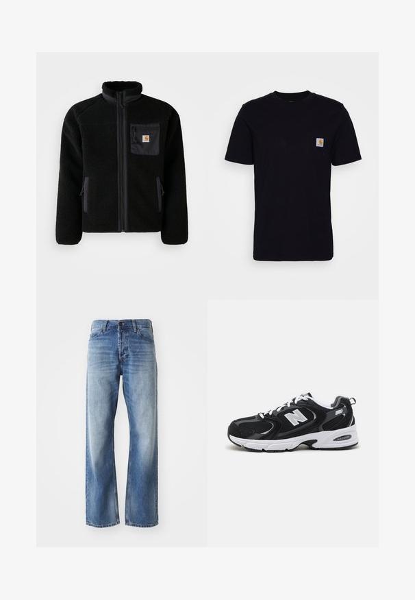 Schwarze Fleecejacke mit Reißverschluss vorne, hohem Kragen und strukturiertem Material. Verfügt über eine Brusttasche und seitliche Taschen mit Reißverschluss.; Schwarzes Baumwoll-T-Shirt mit kurzen Ärmeln, rundem Hals und einer Brusttasche, die mit einem kleinen, quadratischen Logo-Patch versehen ist. Einfaches, einfarbiges Design.; Blaue Jeans mit geradem Bein aus Denim, mit leichtem Verblassen an den Oberschenkeln und Knien, ausgestattet mit fünf Taschen und einem Knopfverschluss.; Schwarze und graue Sportschuhe mit Obermaterial aus Mesh und Wildleder, ausgestattet mit einer weißen Zwischensohle, Schnürsenkeln und einem markanten "N"-Logo an der Seite.