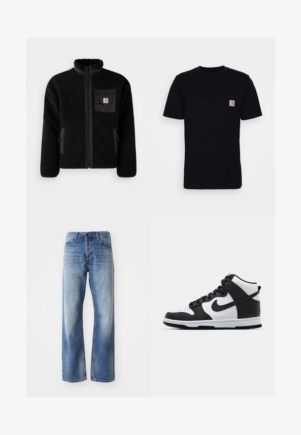 Schwarze Fleecejacke mit Reißverschluss vorne, hohem Kragen und strukturiertem Material. Verfügt über eine Brusttasche und seitliche Taschen mit Reißverschluss.; Schwarzes Baumwoll-T-Shirt mit kurzen Ärmeln, rundem Hals und einer Brusttasche, die mit einem kleinen, quadratischen Logo-Patch versehen ist. Einfaches, einfarbiges Design.; Blaue Jeans mit geradem Bein aus Denim, mit leichtem Verblassen an den Oberschenkeln und Knien, ausgestattet mit fünf Taschen und einem Knopfverschluss.; Schwarz-weißer High-Top-Sneaker mit Lederobermaterial, perforiertem Zehenbereich, auffälligem Swoosh-Logo und strukturiertem Gummisohle.
