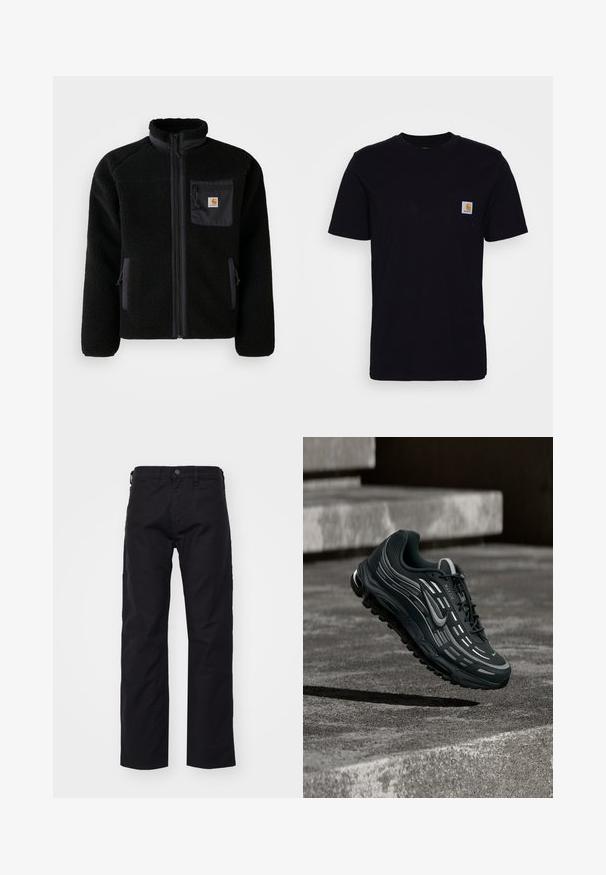 Schwarze Fleecejacke mit Reißverschluss vorne, hohem Kragen und strukturiertem Material. Verfügt über eine Brusttasche und seitliche Taschen mit Reißverschluss.; Schwarzes Baumwoll-T-Shirt mit kurzen Ärmeln, rundem Hals und einer Brusttasche, die mit einem kleinen, quadratischen Logo-Patch versehen ist. Einfaches, einfarbiges Design.; Schwarze Canvas-Hosen mit geradem Bein, ausgestattet mit einem frontalen Knopfverschluss, Gürtelschlaufen und Seitentaschen. Die Textur ist glatt und strapazierfähig.; Schwarzer und grauer Nike Air Max Sneaker, der über graue Betonstufen mit strukturiertem Bodenhintergrund schwebt.