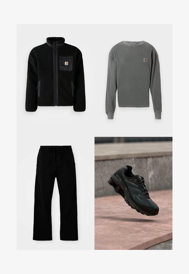 Zwarte fleecejack met een ritssluiting aan de voorkant, hoge kraag en textielstructuur. Voorzien van een borstzak en zijzakken met ritssluitingen.; Grijze langekatoenen sweatshirt met crewneck en ribbeltextuur, voorzien van een klein vierkant logopatch op de linkerborst en ribgebreide manchetten.; Zwarte broek met elastische tailleband en verstelbaar trekkoord, met wijde pijpen en een gladde katoentextuur. Geen zichtbare patronen of hardwaredetails.; Zwarte atletische sneaker met zichtbare luchtgeveerde tussenzool die boven een roze stenen oppervlak zweeft met een grijze stenen muur op de achtergrond.