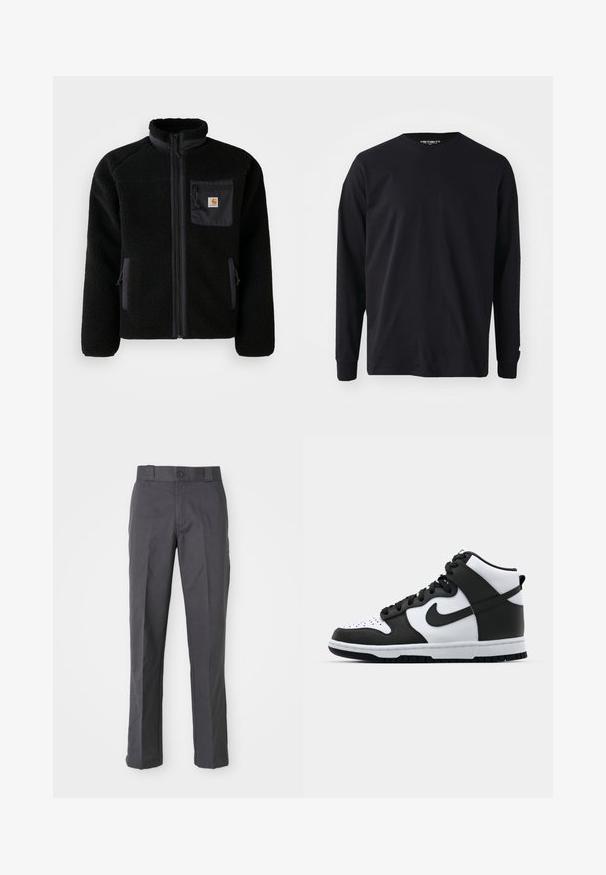 Veste en polaire noire avec fermeture éclair à l'avant, col haut et tissu texturé. Elle dispose d'une poche sur la poitrine et de poches latérales avec fermetures éclair.; T-shirt noir à manches longues en coton, avec un col rond et une coupe droite, présentant un petit logo sur la manche.; Pantalons gris foncé en mélange de coton, présentant un design à jambes droites, des poches avant et une fermeture à bouton à la taille.; Baskets montantes noir et blanc avec tige en cuir, boîte à orteils perforée, logo swoosh proéminent et semelle en caoutchouc texturée.