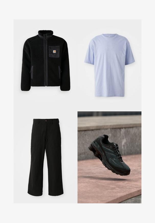 Veste en polaire noire avec fermeture éclair à l'avant, col haut et tissu texturé. Elle dispose d'une poche sur la poitrine et de poches latérales avec fermetures éclair.; T-shirt en coton bleu clair avec un col rond et des manches courtes. Présente un logo "nike" en relief au centre devant. Texture douce.; Pantalons noirs à large jambe en tissu doux, dotés de poches avant et d'une fermeture à bouton à la taille. Design minimaliste sans motifs visibles.; Baskets athlétiques noires avec une semelle intercalaire à coussin d’air visible flottant au-dessus d’une surface en pierre rose avec un mur en pierre gris en arrière-plan.