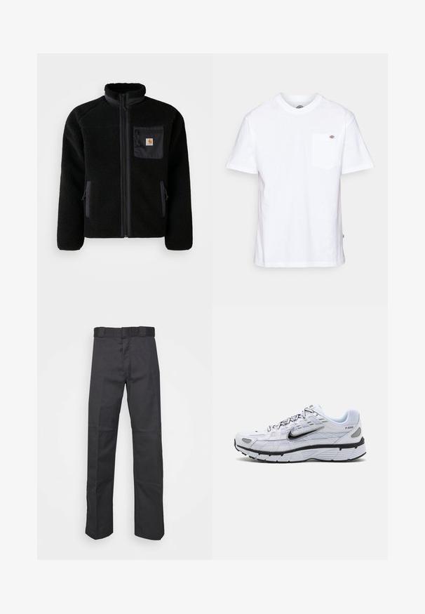 Veste en polaire noire avec fermeture éclair à l'avant, col haut et tissu texturé. Elle dispose d'une poche sur la poitrine et de poches latérales avec fermetures éclair.; T-shirt en coton blanc avec un col rond, des manches courtes et une poche poitrine arborant un petit logo de la marque sur le côté gauche.; Pantalons noirs en tissu durable, dotés d'une coupe droite, d'une taille avec passants de ceinture et de coutures pour une texture ajoutée.; Baskets de course blanches avec une tige en mesh, bout arrondi, accents noirs et semelle à motif. Comprend des lacets et une marque sur le côté.