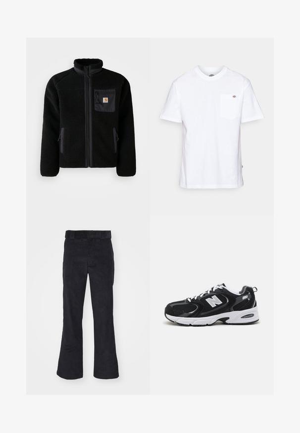 Schwarze Fleecejacke mit Reißverschluss vorne, hohem Kragen und strukturiertem Material. Verfügt über eine Brusttasche und seitliche Taschen mit Reißverschluss.; Weißes Baumwoll-T-Shirt mit Rundhalsausschnitt, kurzen Ärmeln und einer Brusttasche, die auf der linken Seite ein kleines Markenlogo aufweist.; Schwarze Cordhosen mit lockerer Passform, klassischem Bund und weit geschnittenen Beinen, weicher Textur und ohne sichtbare Muster oder Akzente.; Schwarze und graue Sportschuhe mit Obermaterial aus Mesh und Wildleder, ausgestattet mit einer weißen Zwischensohle, Schnürsenkeln und einem markanten "N"-Logo an der Seite.