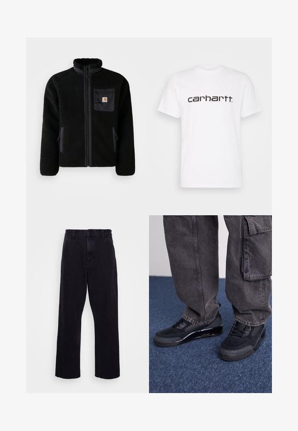 Schwarze Fleecejacke mit Reißverschluss vorne, hohem Kragen und strukturiertem Material. Verfügt über eine Brusttasche und seitliche Taschen mit Reißverschluss.; Weißes Baumwoll-T-Shirt mit kurzen Ärmeln und Rundhalsausschnitt. Mit großem "Carhartt"-Logo in Dunkelbraun über der Brust.; Schwarze Jeanshose mit geradem Bein, ausgestattet mit einem Knopf- und Reißverschluss, Gürtelschlaufen und minimalen Nähdetails.; Schwarze Sportschuhe mit einer strukturierten Oberfläche, glatten Akzenten und einer chunky Sohle, kombiniert mit dunklen, lässig sitzenden Cargo-Hosen.