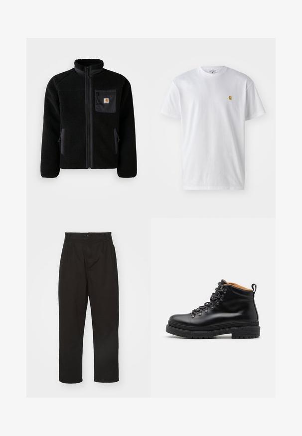 Veste en polaire noire avec fermeture éclair à l'avant, col haut et tissu texturé. Elle dispose d'une poche sur la poitrine et de poches latérales avec fermetures éclair.; T-shirt en coton blanc à manches courtes, col rond, avec un petit logo doré sur la poitrine gauche. Texture douce et coupe régulière.; Pantalons noirs en tissu lisse, dotés d'une fermeture à bouton, d'une coupe droite et de deux plis à l'avant pour un détail supplémentaire.; Zign LEATHER - Bottines à lacets - black