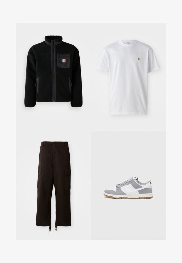 Sort fleecejakke med lynlås foran, høj krave og struktureret stof. Har en brystlomme og sidelommer med lynlåse.; Hvid bomulds t-shirt med korte ærmer, rund hals og et lille guld logo på venstre brystområde. Blød tekstur og almindelig pasform.; Sorte cargo-bukser med en afslappet pasform, der har to sidelommer, en knaplukning og justerbare snore i kanten.; Nike-sneakers har en øverste del i gråt ruskind og hvidt læder med perforeringer, runde snørebånd og en gummisål for greb.
