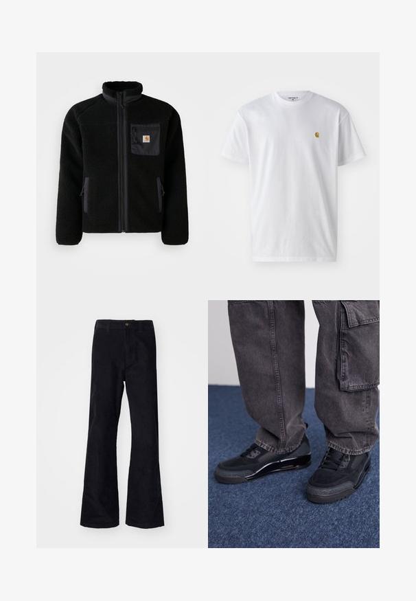 Sort fleecejakke med lynlås foran, høj krave og struktureret stof. Har en brystlomme og sidelommer med lynlåse.; Hvid bomulds t-shirt med korte ærmer, rund hals og et lille guld logo på venstre brystområde. Blød tekstur og almindelig pasform.; Sorte, bomuldsforlængede bukser med en traditionel linning, enkelt forreste knap og lommer på siderne og bagpå. Glat tekstur.; Sorte sportsko med en struktureret overflade, glatte detaljer og en kraftig sål, der er parret med mørke, løstsiddende cargo-bukser.