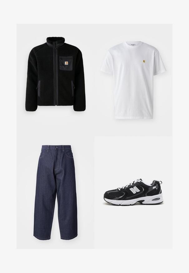 Schwarze Fleecejacke mit Reißverschluss vorne, hohem Kragen und strukturiertem Material. Verfügt über eine Brusttasche und seitliche Taschen mit Reißverschluss.; Weißes Baumwoll-T-Shirt mit kurzen Ärmeln, Rundhalsausschnitt, mit einem kleinen goldenen Logo im linken Brustbereich. Weicher Stoff und normale Passform.; Dunkelblaue Denim-Jeans mit einem lockeren, weiten Schnitt. Zu den Merkmalen gehören ein Knopfverschluss, Fronttaschen und sichtbare Nähte.; Schwarze und graue Sportschuhe mit Obermaterial aus Mesh und Wildleder, ausgestattet mit einer weißen Zwischensohle, Schnürsenkeln und einem markanten "N"-Logo an der Seite.