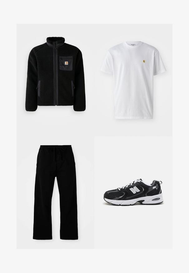 Schwarze Fleecejacke mit Reißverschluss vorne, hohem Kragen und strukturiertem Material. Verfügt über eine Brusttasche und seitliche Taschen mit Reißverschluss.; Weißes Baumwoll-T-Shirt mit kurzen Ärmeln, Rundhalsausschnitt, mit einem kleinen goldenen Logo im linken Brustbereich. Weicher Stoff und normale Passform.; Schwarze, elastische Hosen mit verstellbarem Kordelzug, weitem Bein und glatter Baumwollstruktur. Keine sichtbaren Muster oder Hardware-Details.; Schwarze und graue Sportschuhe mit Obermaterial aus Mesh und Wildleder, ausgestattet mit einer weißen Zwischensohle, Schnürsenkeln und einem markanten "N"-Logo an der Seite.