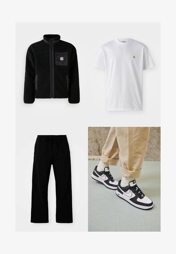 Schwarze Fleecejacke mit Reißverschluss vorne, hohem Kragen und strukturiertem Material. Verfügt über eine Brusttasche und seitliche Taschen mit Reißverschluss.; Weißes Baumwoll-T-Shirt mit kurzen Ärmeln, Rundhalsausschnitt, mit einem kleinen goldenen Logo im linken Brustbereich. Weicher Stoff und normale Passform.; Schwarze, elastische Hosen mit verstellbarem Kordelzug, weitem Bein und glatter Baumwollstruktur. Keine sichtbaren Muster oder Hardware-Details.; Schwarz-weiße Nike Air Force 1 Sneaker mit einem Obermaterial aus Leder, perforierter Zehenpartie und strukturiertem Sohlendesign, getragen mit aufgerollten beigen Hosen und weißen Socken.