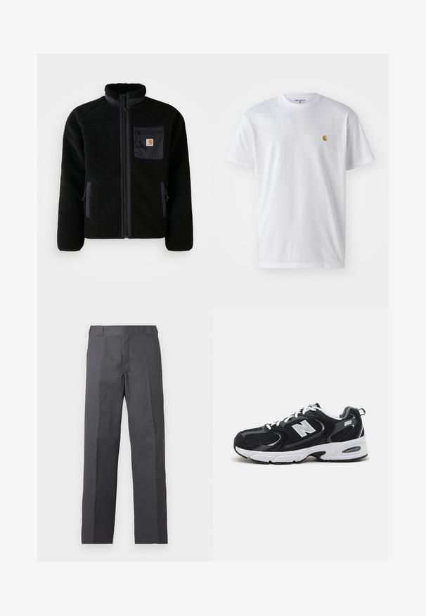 Veste en polaire noire avec fermeture éclair à l'avant, col haut et tissu texturé. Elle dispose d'une poche sur la poitrine et de poches latérales avec fermetures éclair.; T-shirt en coton blanc à manches courtes, col rond, avec un petit logo doré sur la poitrine gauche. Texture douce et coupe régulière.; Pantalon gris foncé à jambes droites avec un devant plat et sans poches visibles, présenté sur un fond blanc uni.; Baskets de sport noires et grises avec un tige en mesh et en suède, présentant une semelle intermédiaire blanche, des lacets et un logo "N" audacieux sur le côté.