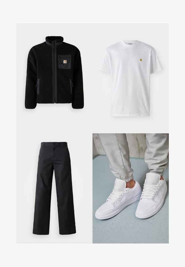 Schwarze Fleecejacke mit Reißverschluss vorne, hohem Kragen und strukturiertem Material. Verfügt über eine Brusttasche und seitliche Taschen mit Reißverschluss.; Weißes Baumwoll-T-Shirt mit kurzen Ärmeln, Rundhalsausschnitt, mit einem kleinen goldenen Logo im linken Brustbereich. Weicher Stoff und normale Passform.; Schwarze weit geschnittene Baumwollhose. Verfügt über einen Knopfverschluss, Gürtelschlaufen und Seitentaschen. Glatte Textur mit tailliertem Schnitt.; Weiße Ledersneaker mit perforierter Zehenbox, flachen Schnürsenkeln, gepolstertem Kragen und dem Jordan-Logo auf der Zunge. Getragen mit grauen Jogginghosen.