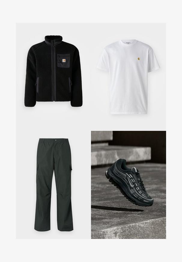 Sort fleecejakke med lynlås foran, høj krave og struktureret stof. Har en brystlomme og sidelommer med lynlåse.; Hvid bomulds t-shirt med korte ærmer, rund hals og et lille guld logo på venstre brystområde. Blød tekstur og almindelig pasform.; Mørkegrøn cargo bukser med en afslappet pasform, elastisk talje, sydde lommer og en glat, let stofstruktur.; Sort og grå Nike Air Max sneaker, der flyder over grå betontrin med tekstureret jordbaggrund.