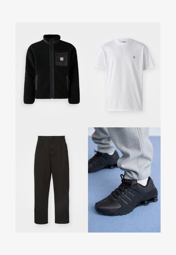 Sort fleecejakke med lynlås foran, høj krave og struktureret stof. Har en brystlomme og sidelommer med lynlåse.; Hvid bomulds t-shirt med korte ærmer, rund hals og et lille guld logo på venstre brystområde. Blød tekstur og almindelig pasform.; Sorte bukser lavet af glat stof, med knaplukning, lige pasform og to frontfolder for ekstra detalje.; Person iført sorte Nike Shox sneakers og grå joggingbukser, der står på lyseblåt tæppe.
