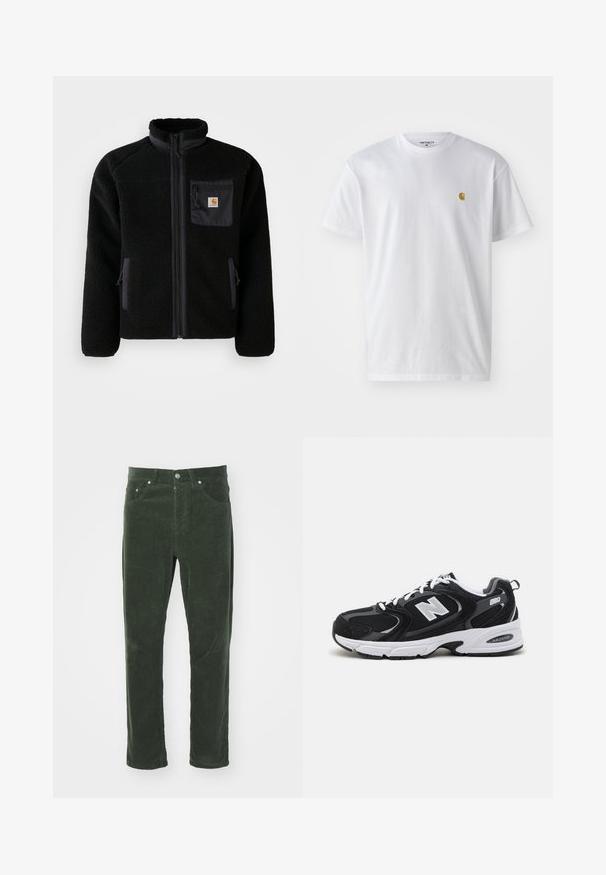 Veste en polaire noire avec fermeture éclair à l'avant, col haut et tissu texturé. Elle dispose d'une poche sur la poitrine et de poches latérales avec fermetures éclair.; T-shirt en coton blanc à manches courtes, col rond, avec un petit logo doré sur la poitrine gauche. Texture douce et coupe régulière.; Pantalons en velours côtelé verts avec une coupe droite, comportant cinq poches, une fermeture à bouton en métal et une surface rayée texturée.; Baskets de sport noires et grises avec un tige en mesh et en suède, présentant une semelle intermédiaire blanche, des lacets et un logo "N" audacieux sur le côté.