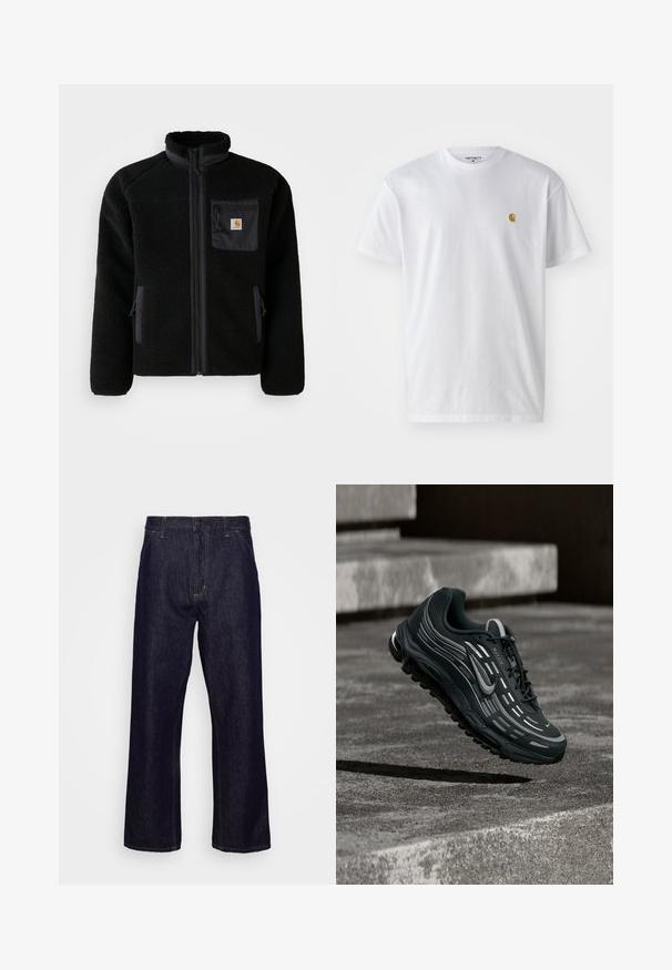 Sort fleecejakke med lynlås foran, høj krave og struktureret stof. Har en brystlomme og sidelommer med lynlåse.; Hvid bomulds t-shirt med korte ærmer, rund hals og et lille guld logo på venstre brystområde. Blød tekstur og almindelig pasform.; Mørkeblå lige ben denim jeans med forlommer, bæltestropper, lynlås og knaplukning, præsenteret foran en simpel hvid baggrund.; Sort og grå Nike Air Max sneaker, der flyder over grå betontrin med tekstureret jordbaggrund.