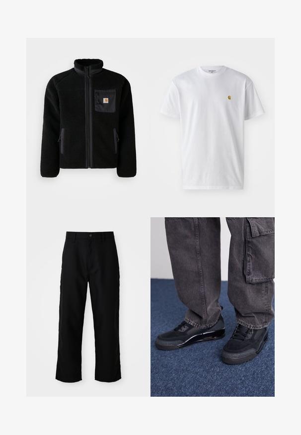 Veste en polaire noire avec fermeture éclair à l'avant, col haut et tissu texturé. Elle dispose d'une poche sur la poitrine et de poches latérales avec fermetures éclair.; T-shirt en coton blanc à manches courtes, col rond, avec un petit logo doré sur la poitrine gauche. Texture douce et coupe régulière.; Pantalons droits noirs avec passants de ceinture, bouton frontal et fermeture éclair sur fond clair uni.; Des chaussures de sport noires avec une surface texturée, des accents lisses et une semelle épaisse, accompagnées de pantalons cargo larges et foncés.