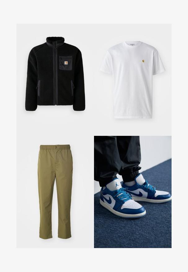 Veste en polaire noire avec fermeture éclair à l'avant, col haut et tissu texturé. Elle dispose d'une poche sur la poitrine et de poches latérales avec fermetures éclair.; T-shirt en coton blanc à manches courtes, col rond, avec un petit logo doré sur la poitrine gauche. Texture douce et coupe régulière.; Pantalons vert olive avec une taille élastique, fermeture à bouton et une coupe décontractée. Fabriqués en tissu léger, avec des poches latérales.; Les baskets Nike Air Jordan présentent une base en cuir blanc avec des accents en synthétique bleu, une boîte à orteils perforée et des lacets bleus.