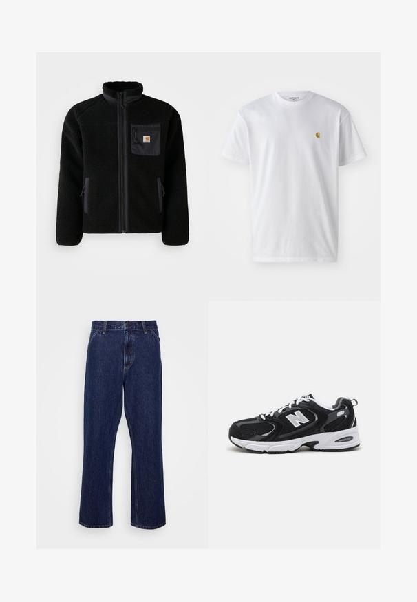 Veste en polaire noire avec fermeture éclair à l'avant, col haut et tissu texturé. Elle dispose d'une poche sur la poitrine et de poches latérales avec fermetures éclair.; T-shirt en coton blanc à manches courtes, col rond, avec un petit logo doré sur la poitrine gauche. Texture douce et coupe régulière.; Jeans en denim bleu foncé avec une coupe droite, dotés d'une fermeture à bouton, d'un style à cinq poches et de détails de couture subtils.; Baskets de sport noires et grises avec un tige en mesh et en suède, présentant une semelle intermédiaire blanche, des lacets et un logo "N" audacieux sur le côté.