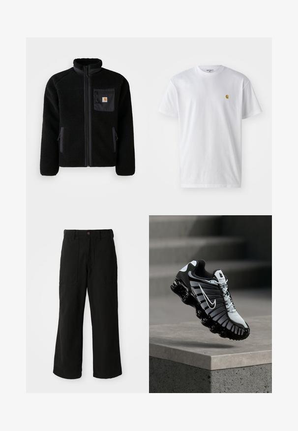 Schwarze Fleecejacke mit Reißverschluss vorne, hohem Kragen und strukturiertem Material. Verfügt über eine Brusttasche und seitliche Taschen mit Reißverschluss.; Weißes Baumwoll-T-Shirt mit kurzen Ärmeln, Rundhalsausschnitt, mit einem kleinen goldenen Logo im linken Brustbereich. Weicher Stoff und normale Passform.; Schwarze weit geschnittene Hose aus weichem Stoff, mit Fronttaschen und einem Knopfverschluss an der Taille. Minimalistisches Design ohne sichtbare Muster.; Schwarz-weißes Nike-Laufschuh, der über einer Betonoberfläche mit einem gestuften Stein-Hintergrund schwebt.