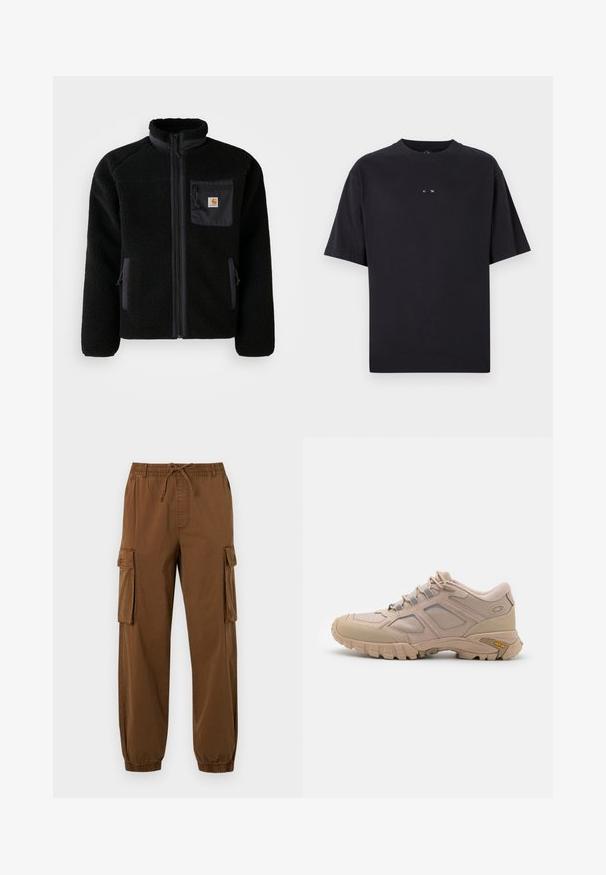 Zwarte fleecejack met een ritssluiting aan de voorkant, hoge kraag en textielstructuur. Voorzien van een borstzak en zijzakken met ritssluitingen.; Oakley RISE TEE - T-shirt basic - blackout; Bruine cargobroek van lichtgewicht stof, met een elastische tailleband met trekkoord, zijzakken en taps toelopende broekspijpen.; Beige hardloopschoen met een gestructureerde mesh bovenkant, synthetische overlay en een Vibram zool. Voorzien van vetersysteem en details op de zijpanelen.