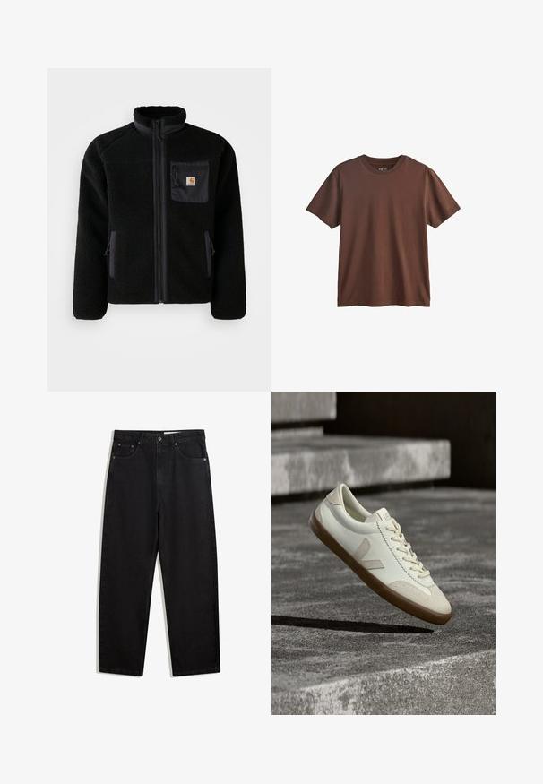Sort fleecejakke med lynlås foran, høj krave og struktureret stof. Har en brystlomme og sidelommer med lynlåse.; Enkelt brun T-shirt i bomuld med korte ærmer og rund hals, vist fladt uden synlige mønstre eller logoer bortset fra en lille indvendig etiket.; Sorte denimbukser i bred benlængde. Har fem lommer, metalknaplukning og kontraststing. Glat tekstur, minimalistisk design.; Hvide læder sneakers med tanfarvet gummisål, flade snørebånd og V-formet detalje på siden. Har en glat overflade og minimale syninger.