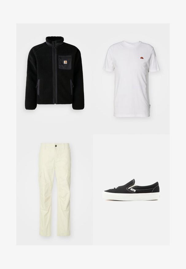 Schwarze Fleecejacke mit Reißverschluss vorne, hohem Kragen und strukturiertem Material. Verfügt über eine Brusttasche und seitliche Taschen mit Reißverschluss.; Weißes Baumwoll-T-Shirt mit kurzen Ärmeln und Rundhalsausschnitt. Verfügt über ein kleines, farbenfrohes Logo auf der linken Brustseite. Weicher Stoff.; Beige Cargo-Hosen aus leichtem Stoff, mit Seitentaschen, Knopfverschluss und geradem Bein. Glatte Textur mit maßgeschneiderten Nähten.; Schwarzer Vans Slip-On-Sneaker mit weißer Gummisohle, weißen Nähten und elastischen Seiteneinsätzen, Ansicht von der Außenseite.